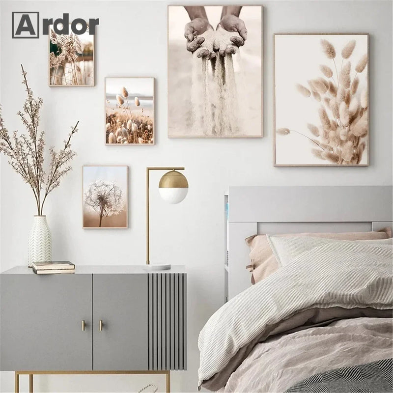 art mural nordique coucher de soleil roseaux oiseaux fleurs décoratif