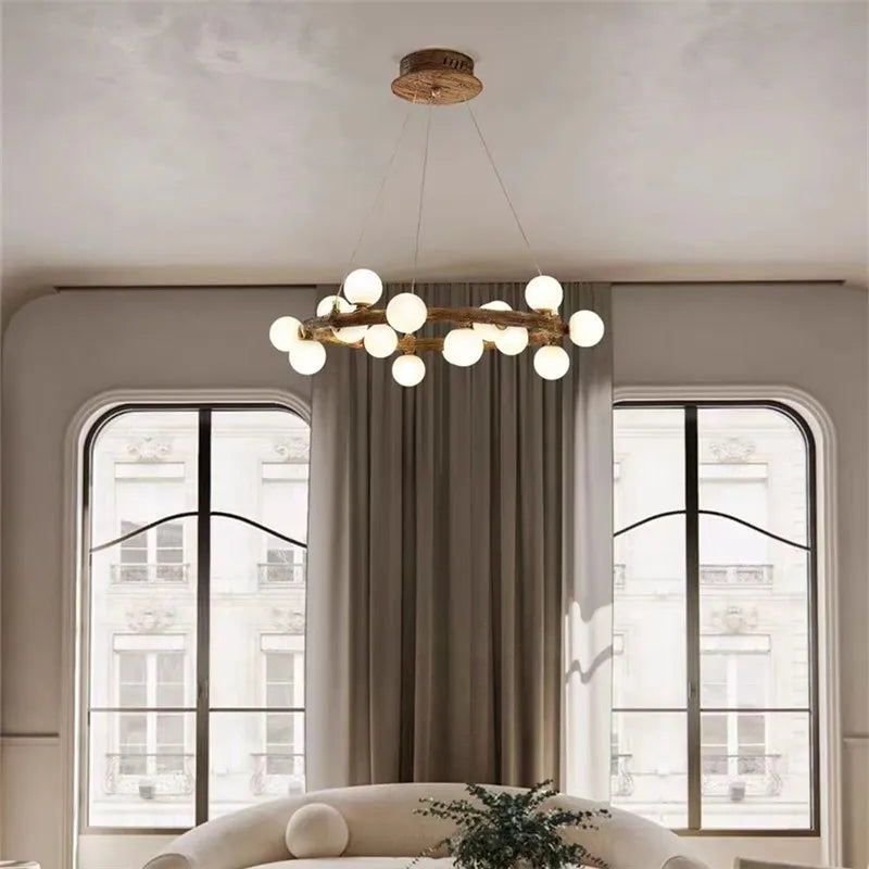 lustre nordique en bois avec anneau de personnalité et verre laiteux