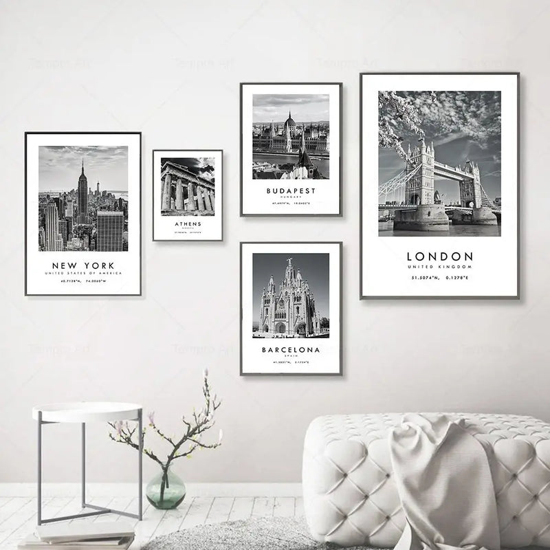 affiche de photographie de voyage en noir et blanc décor mural paysage urbain