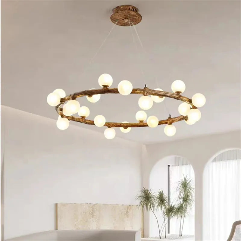 lustre nordique en bois avec anneau de personnalité et verre laiteux
