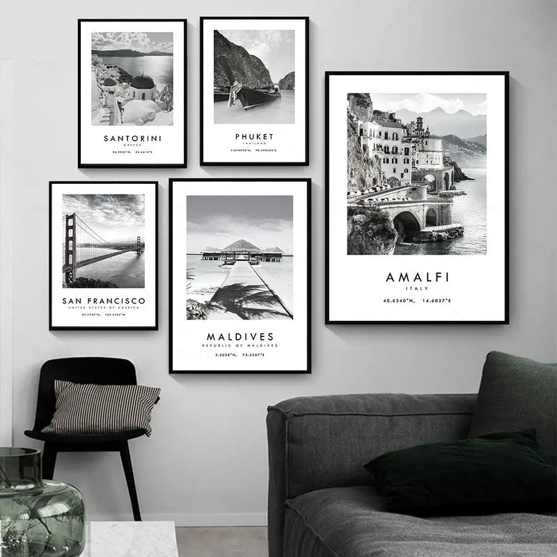 affiche de photographie de voyage en noir et blanc décor mural paysage urbain