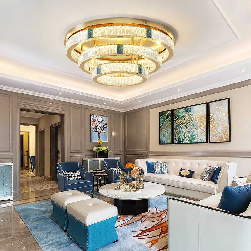 lustre moderne en cristal rond à 3 couches avec led