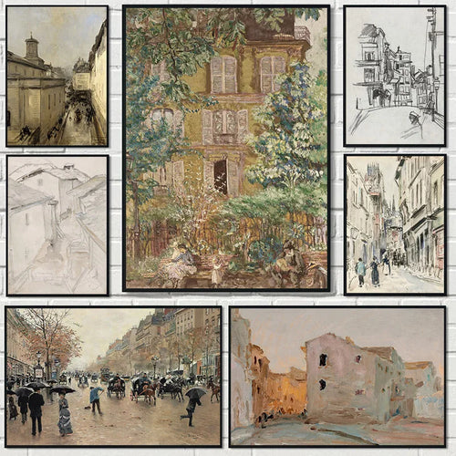 dessin vintage de rue antique Inde Paris Londres décoration murale