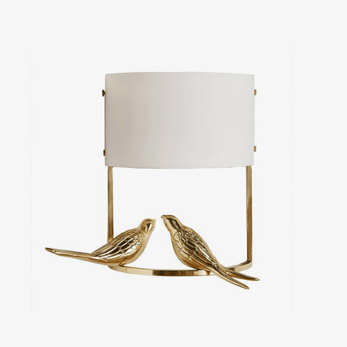 Applique murale design LED avec deux oiseaux dorés et abat-jour blanc
