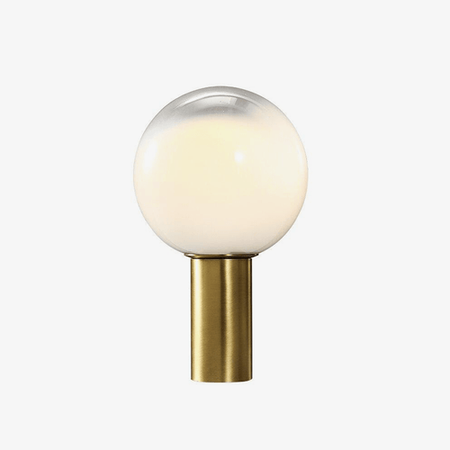 Lampe à poser design LED de forme cylindrique dorée et boule en verre blanc