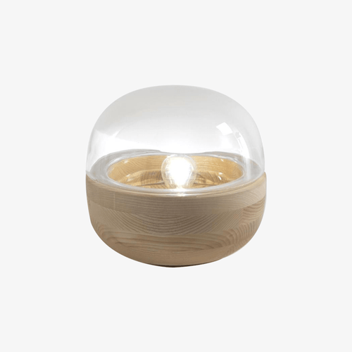 Lampe à poser moderne LED avec base en bois et socle en verre arrondie