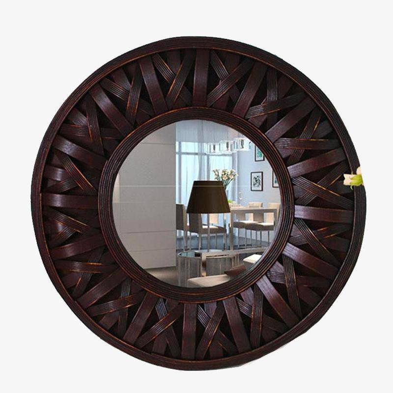 Miroir mural décoratif rond en bois foncé tressé