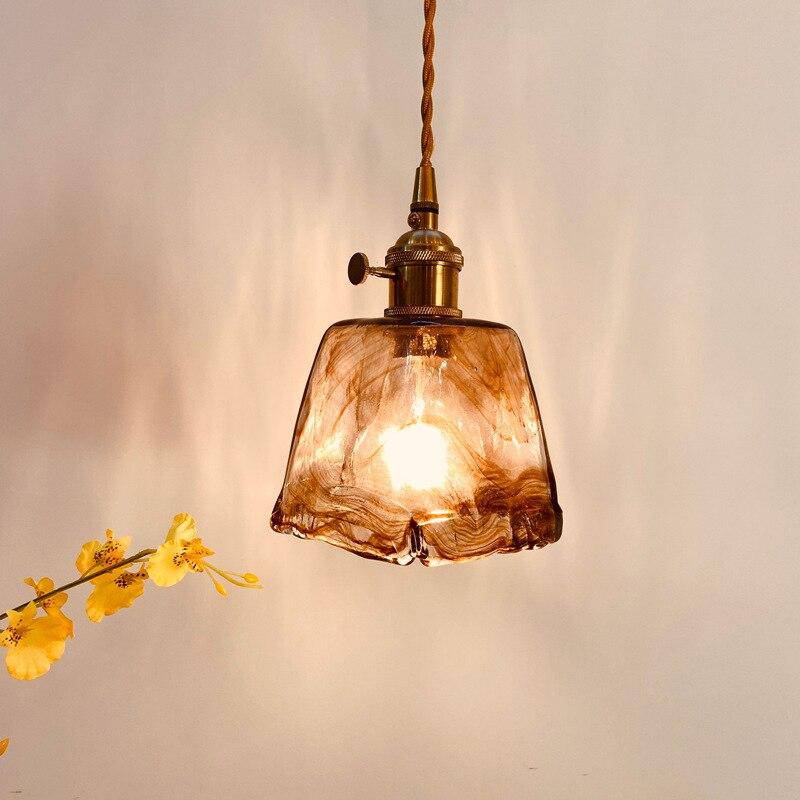 Suspension design à LED avec abat-jour en verre cuivré rétro