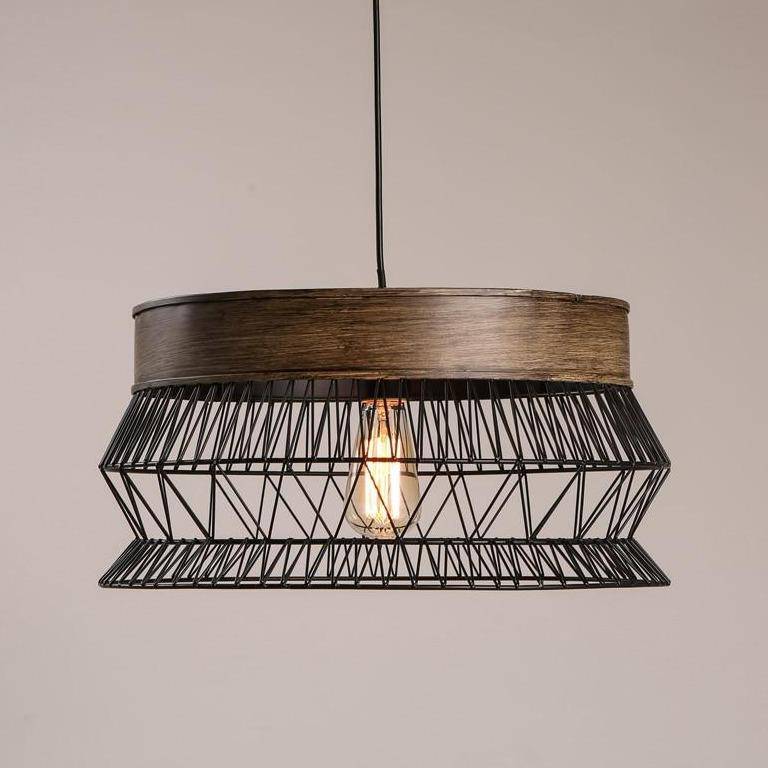 Suspension rétro LED avec disque en bois et cage métal