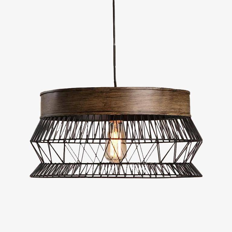 Suspension rétro LED avec disque en bois et cage métal
