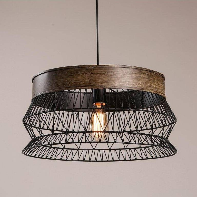 Suspension rétro LED avec disque en bois et cage métal