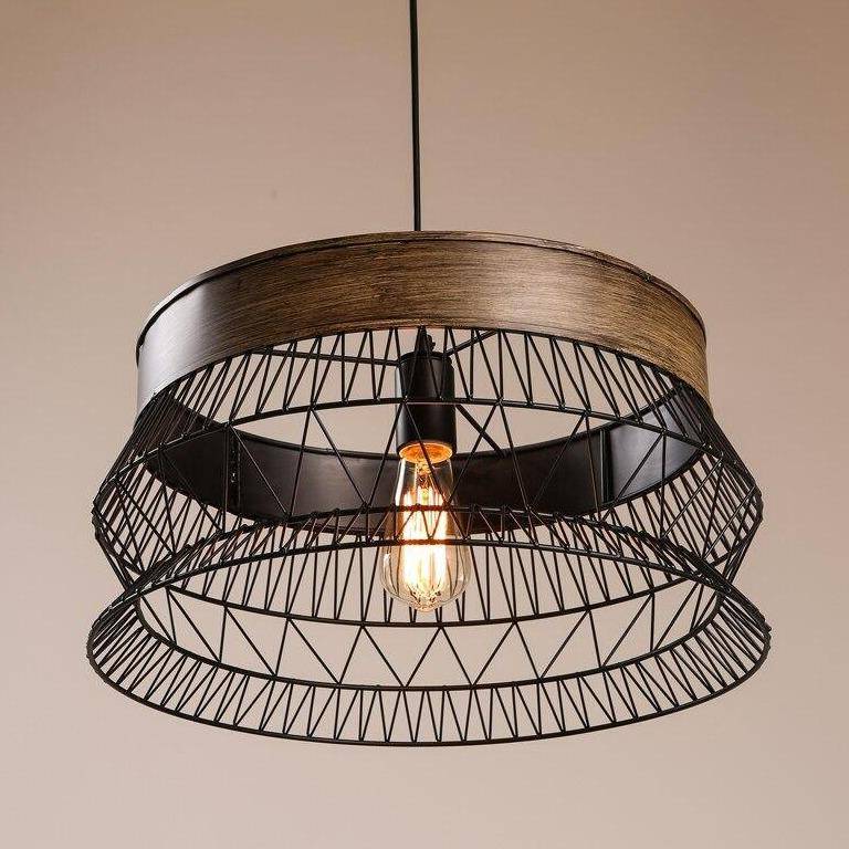 Suspension rétro LED avec disque en bois et cage métal