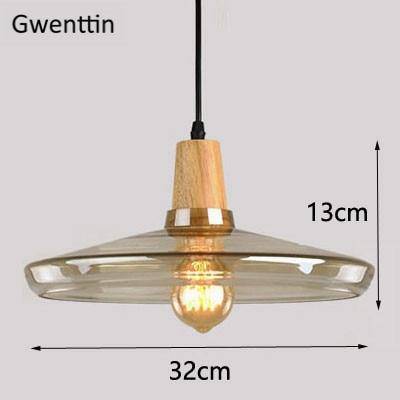 Suspension design LED en bois avec abat-jour arrondi en verre Nordic