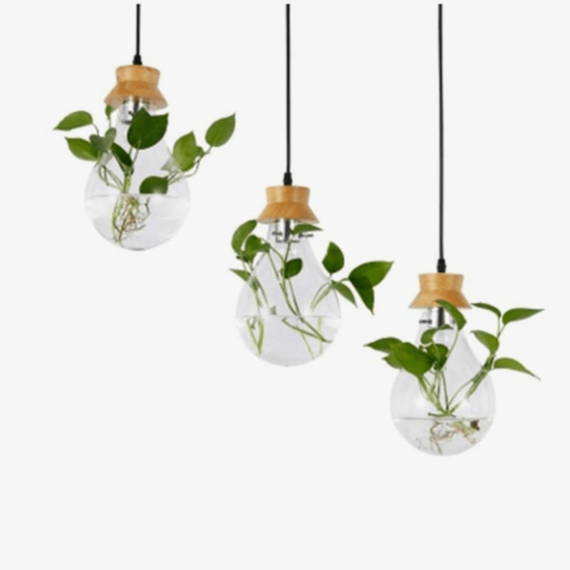 Suspension bocal en verre à fleur et support en bois