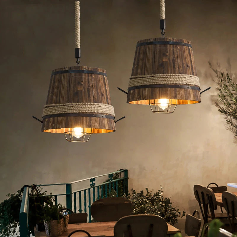 Américain rétro Loft baril lumière industrielle créative salle à manger café Restaurant lumière réglable lustre bois Drolight