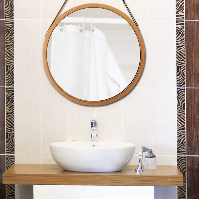 miroir rond suspendu en bambou avec sangle en cuir réglable - vue 6 sur 7