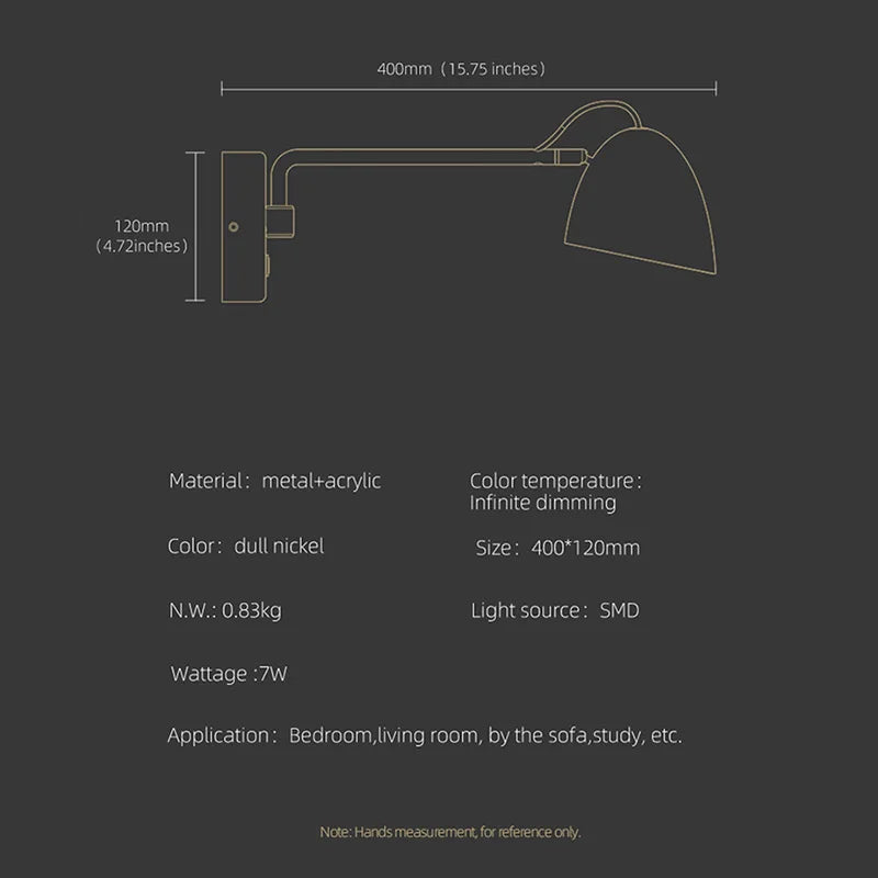 Applique murale led nickel interrupteur tactile réglable rotative - vue 8 sur 7