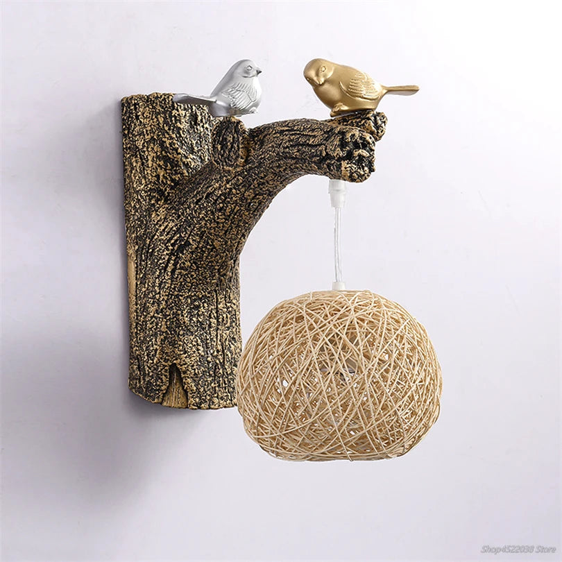 applique murale style chinois oiseaux résine rotin éclairage déco