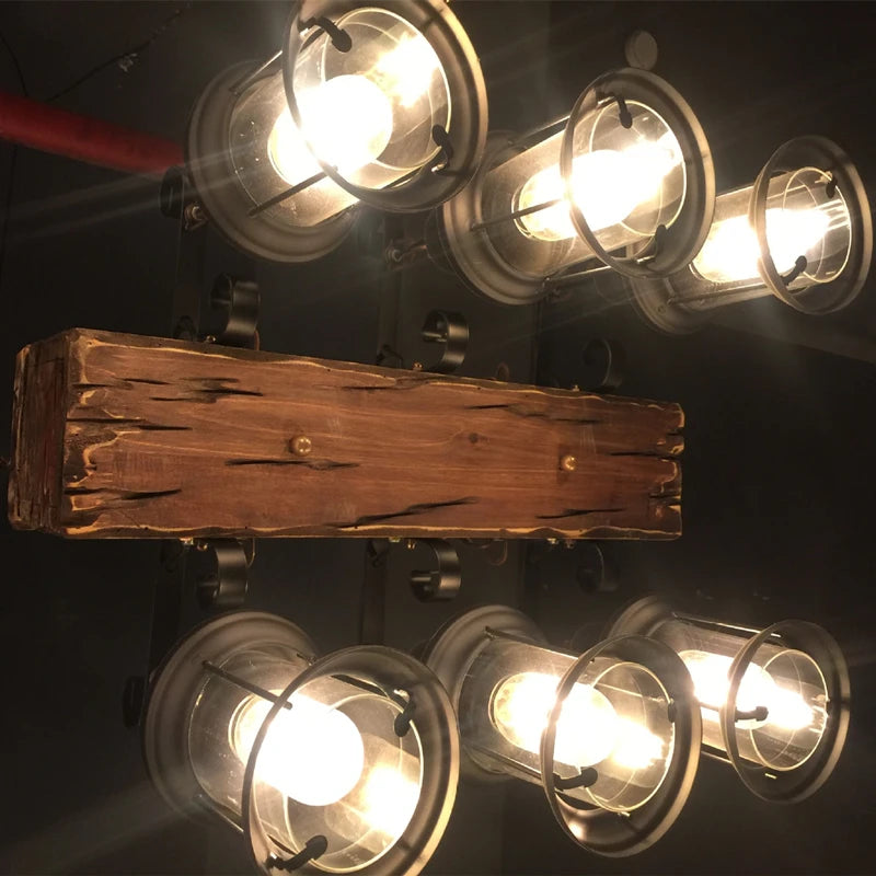 lustre vintage loft en bois avec suspension LED