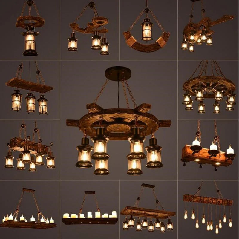 lustre vintage loft en bois avec suspension LED