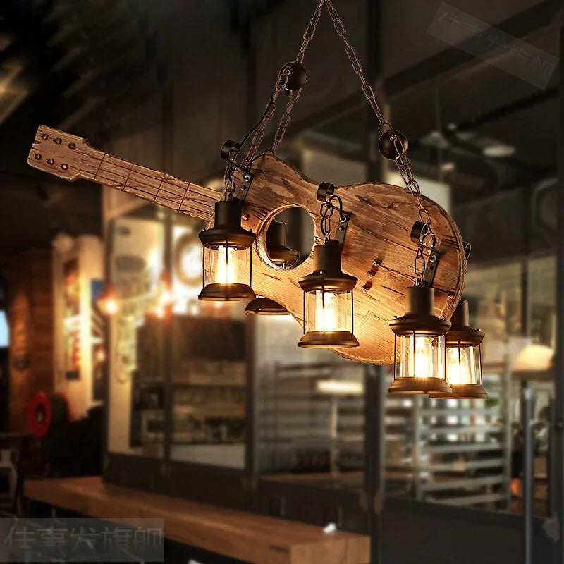 lustre vintage loft en bois avec suspension LED