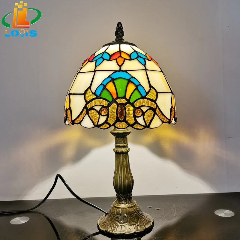 lampe de chevet baroque style tiffany en verre antique métal - vue 6 sur 6
