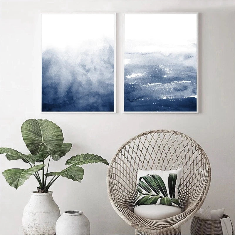 peinture abstraite aquarelle bleue art mural côtier décor moderne