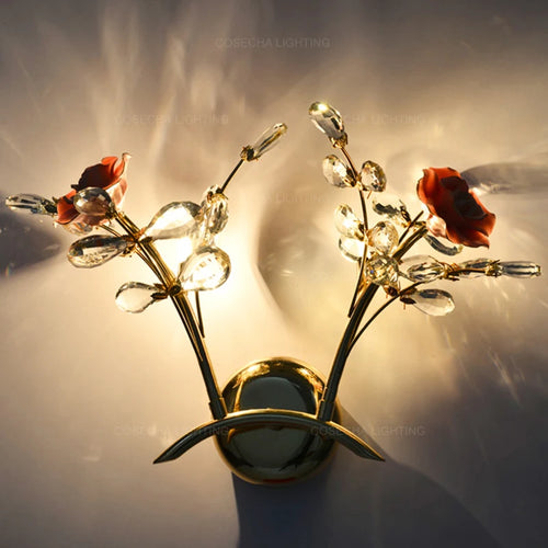 applique murale dorée en cristal et céramique à fleurs de luxe