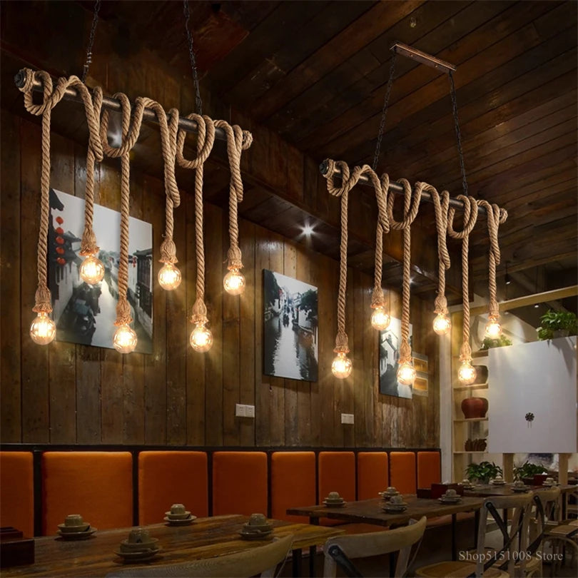 lumière suspendue style industriel rétro avec corde de chanvre - vue 4 sur 9