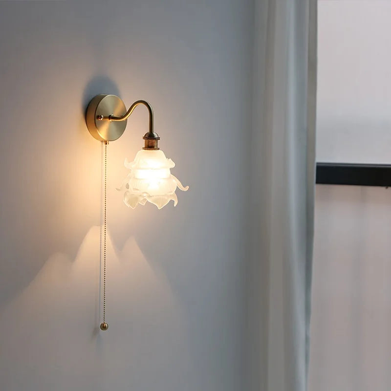 Applique murale fleur verre cuivre tirer chaîne interrupteur LED chambre salle de bain miroir escalier lumière nordique moderne - vue 7 sur 22