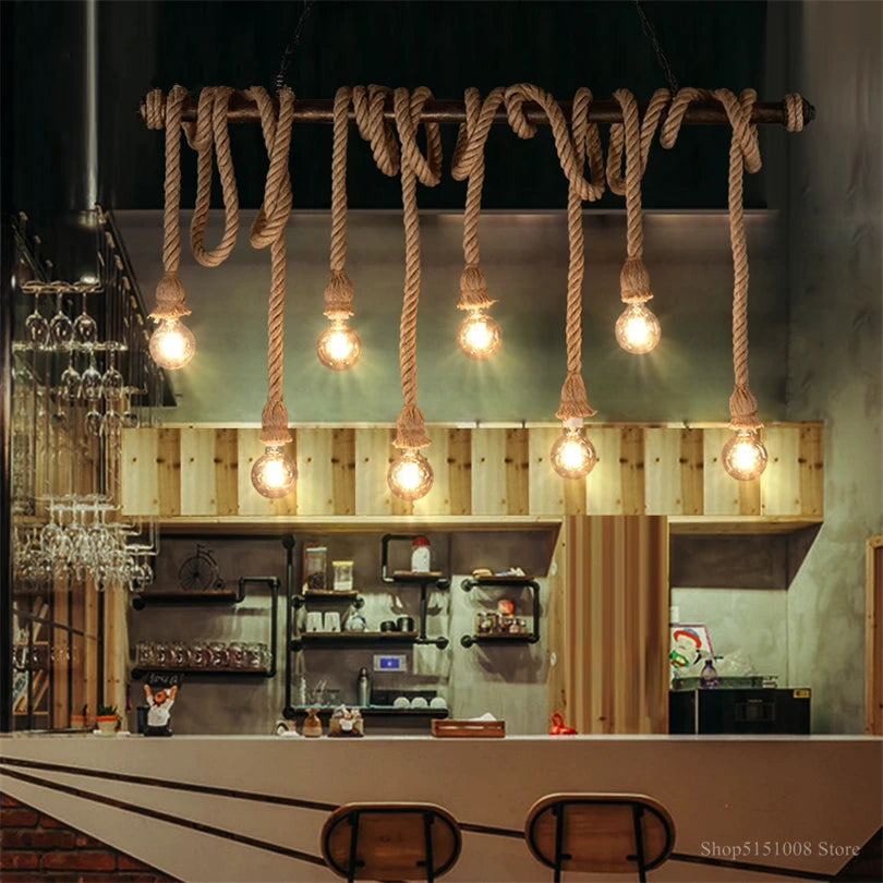 lumière suspendue style industriel rétro avec corde de chanvre - vue 5 sur 9
