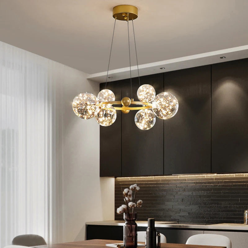 lustre moderne de luxe avec anneaux led et boule de verre