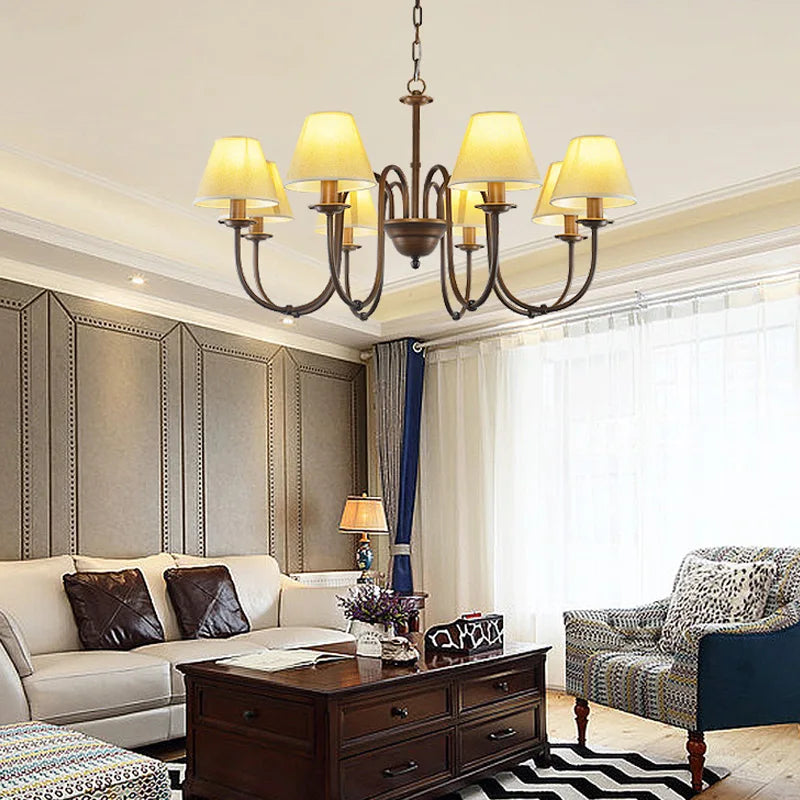 Lustre de pays européen et américain classique en fer forgé salon chambre lampe salle à manger tissu abat-jour lustre - vue 5 sur 15
