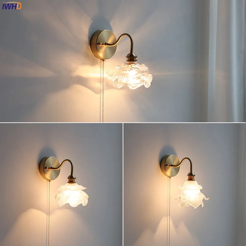 Applique murale fleur verre cuivre tirer chaîne interrupteur LED chambre salle de bain miroir escalier lumière nordique moderne - vue 5 sur 22