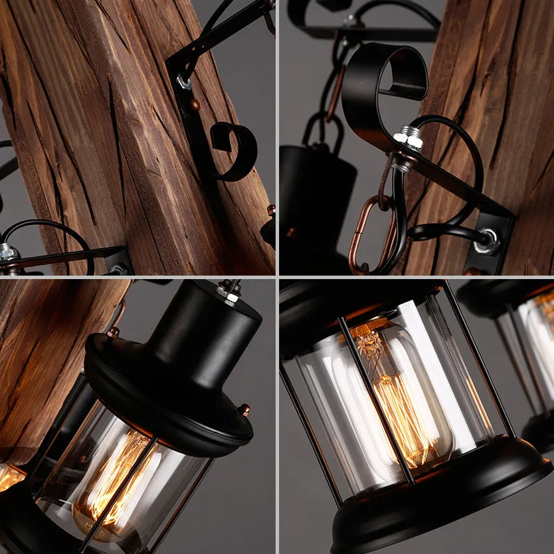 lustre vintage loft en bois avec suspension LED