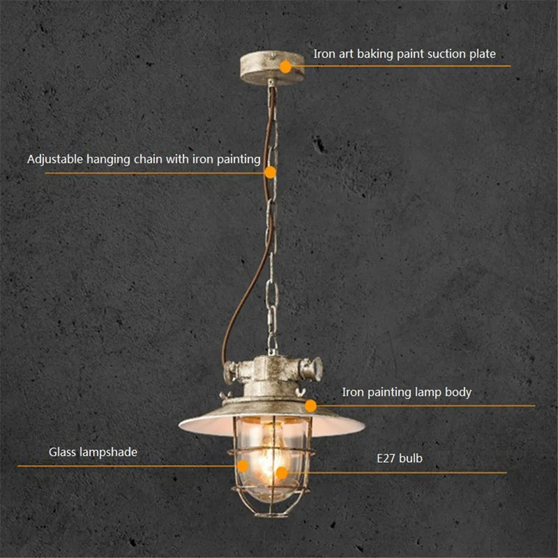 Suspension rustique led fer verre rétro industriel