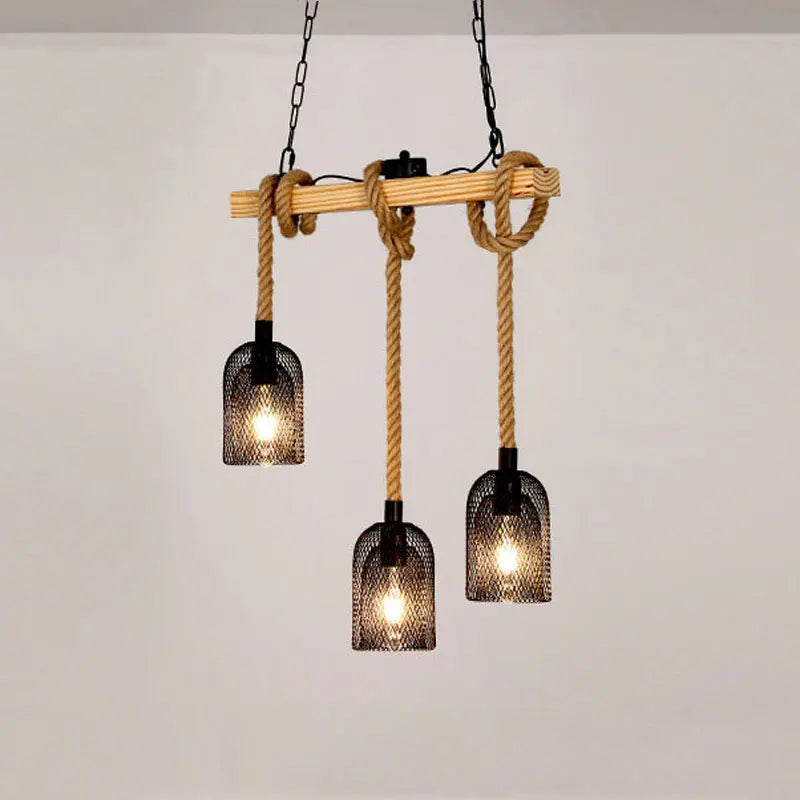 lustre industriel rétro avec 3 têtes en bois et corde de chanvre - vue 6 sur 8