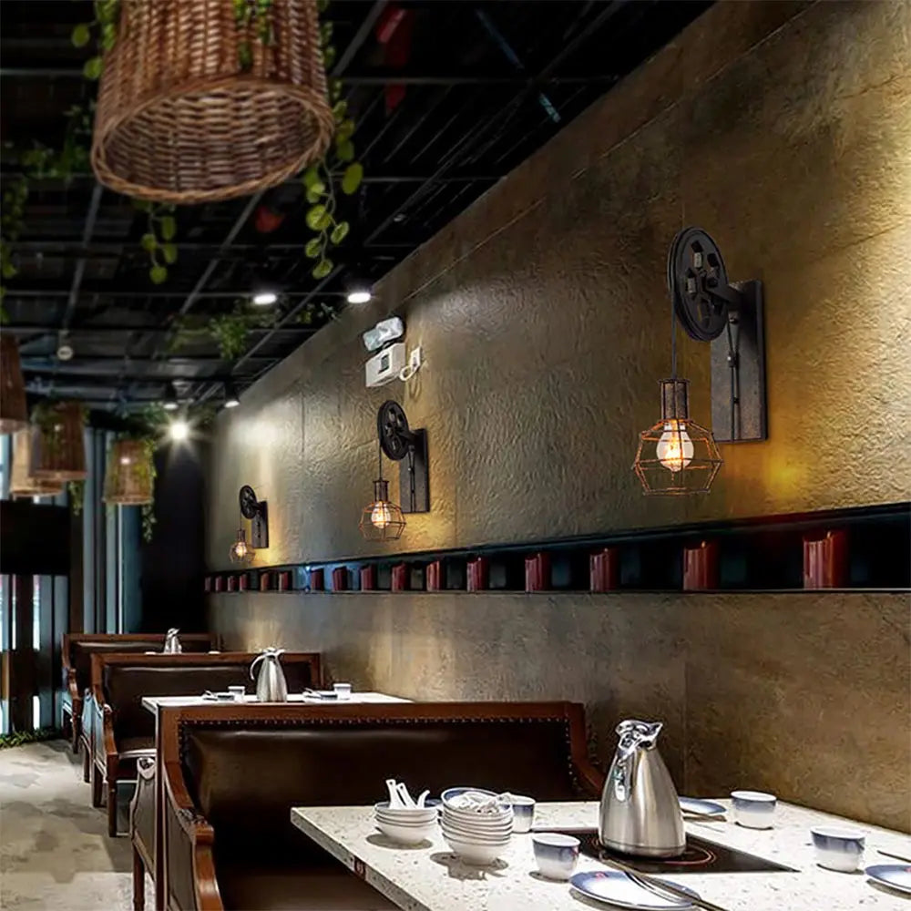 applique murale rétro vintage industrielle avec poulie réglable loft bar café - vue 5 sur 10