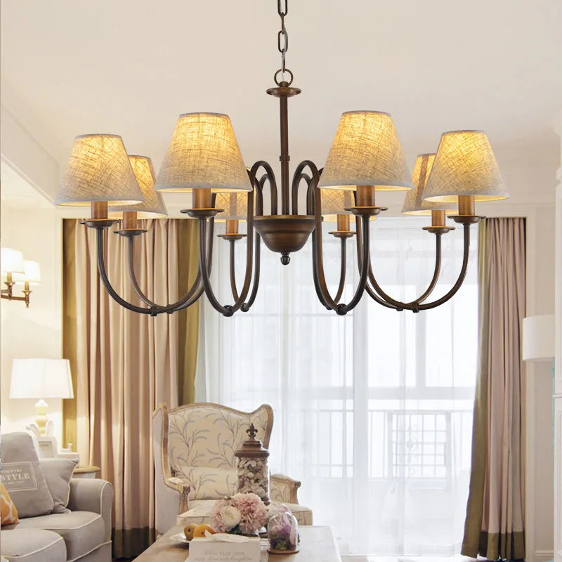 Lustre de pays européen et américain classique en fer forgé salon chambre lampe salle à manger tissu abat-jour lustre - vue 3 sur 15