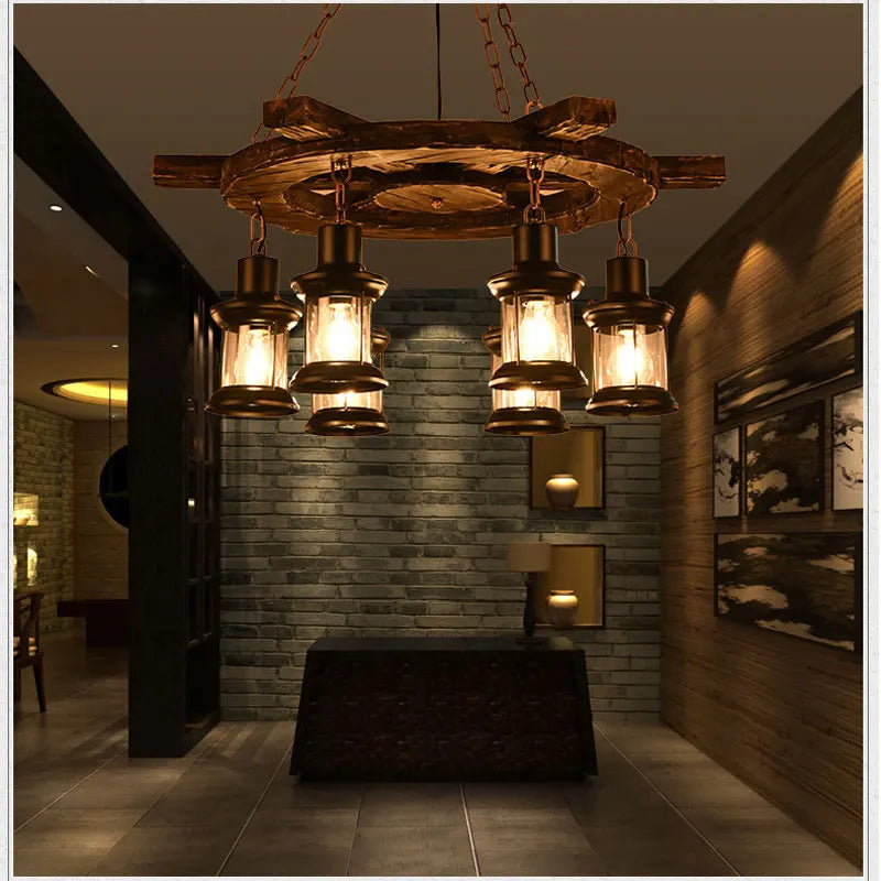 lustre industriel vintage pour bar café restaurant en bois - vue 5 sur 7