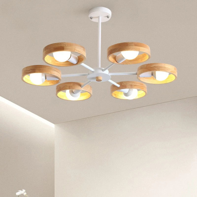Lampe de lustre en bois nordique pour salon chambre salle à manger décor abat-jour en bois rond noir E27 Suspension - vue 6 sur 12