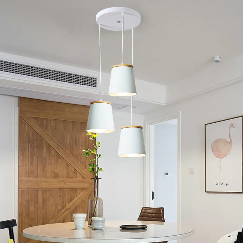 Creative Led moderne suspension blanc lampes suspendues barre en bois + suspension en métal Suspension pour lampe de salle à manger lumières de baisse - vue 5 sur 9