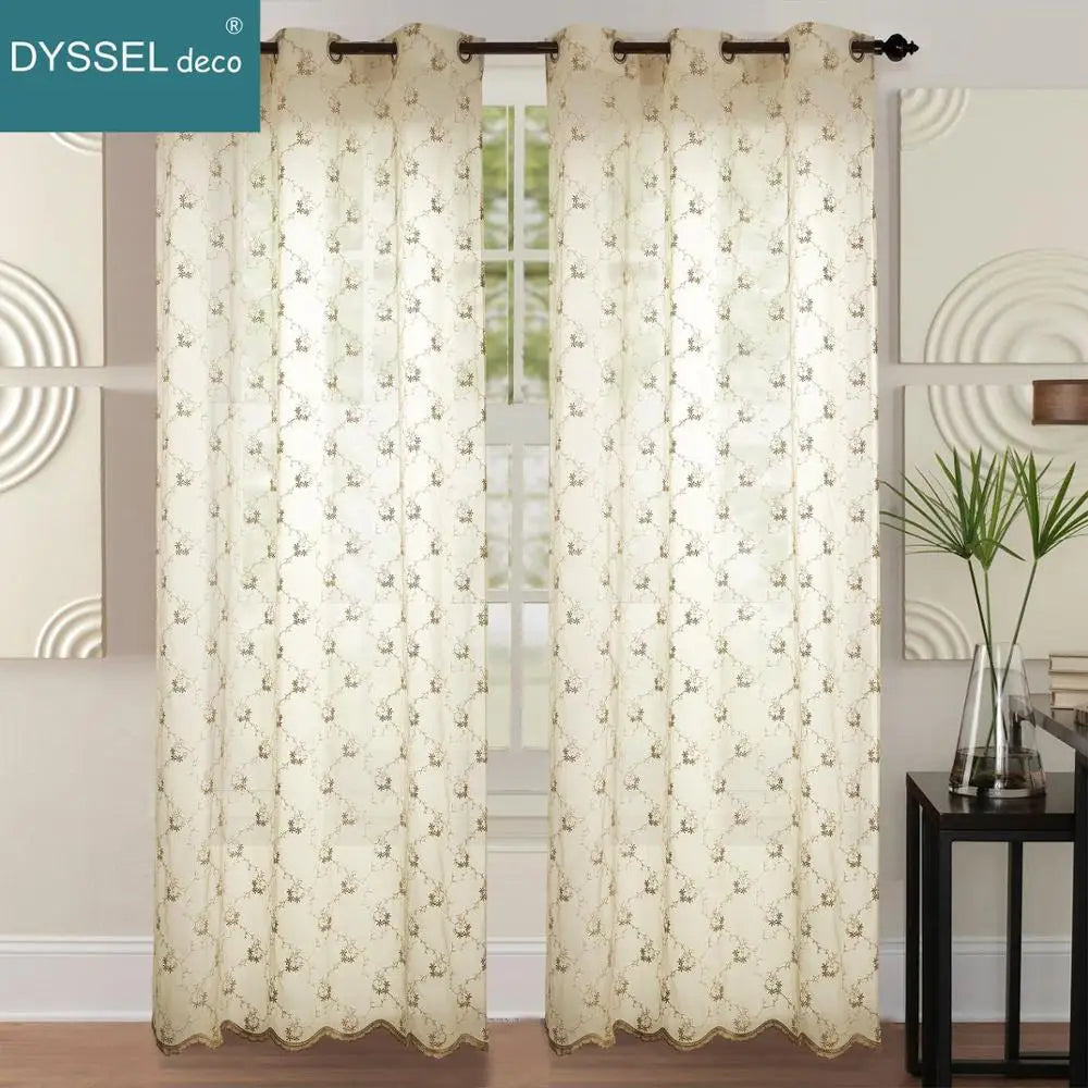 Rideau transparent brodé floral festonné pour salon - vue 5 sur 8