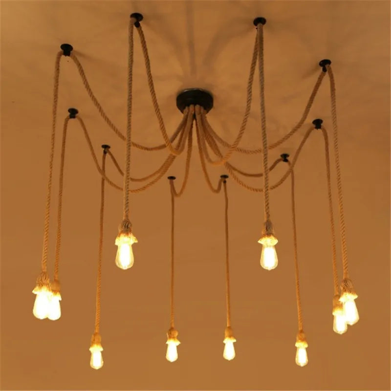 lustre vintage en corde de chanvre style araignée avec ampoule rétro