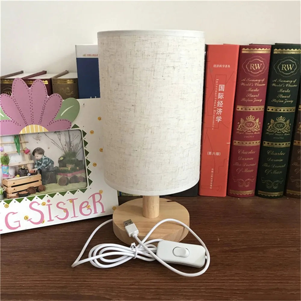 lampe de bureau led minimaliste moderne en tissu et bois usb - vue 5 sur 9