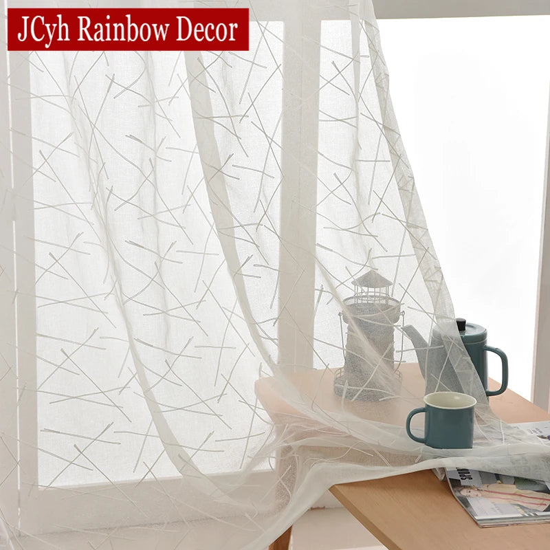 Voilage tulle brodé rayé style moderne salon chambre - vue 2 sur 7