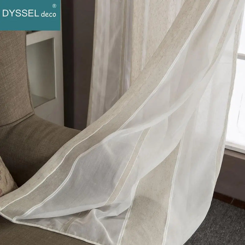 Rideau lin rayé style naturel plis plats moderne