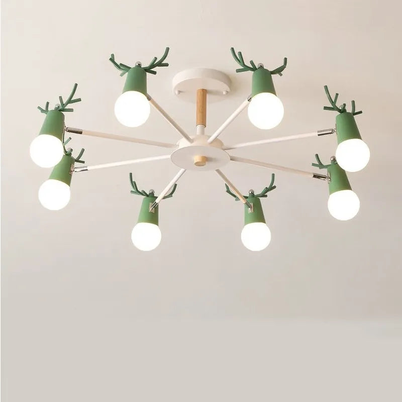 Lustre nordique en bois de macaron simple post-moderne LED lustres chambre salle à manger fer et bois tête de cerf plafonnier E27
