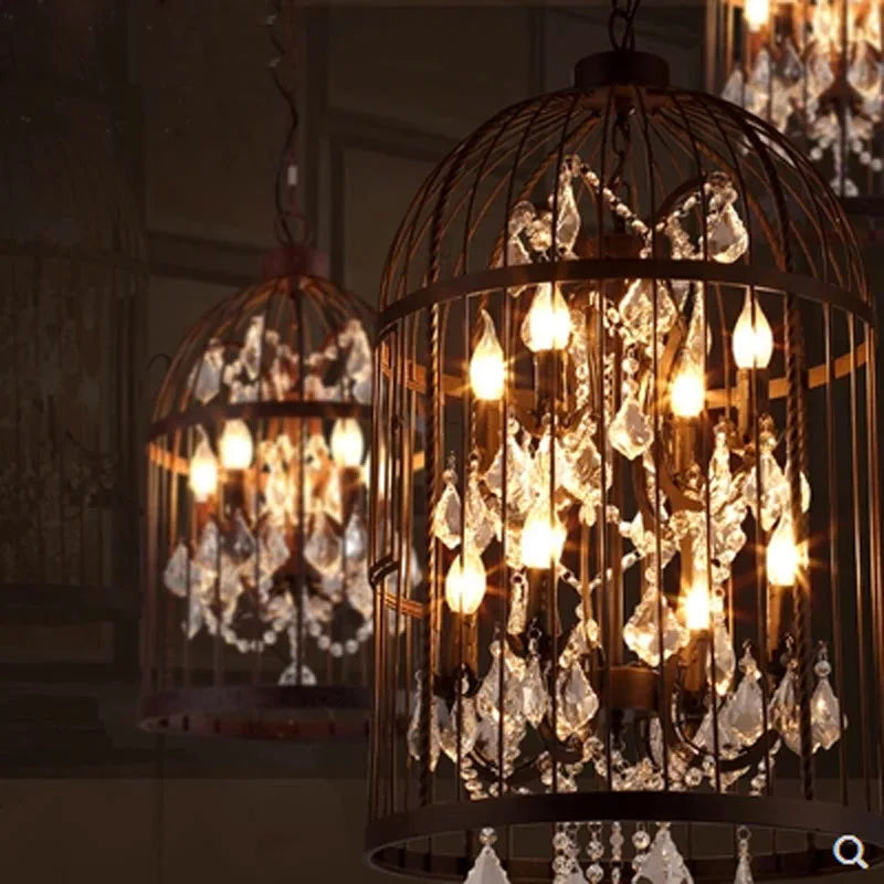 lustre vintage américain en fer cage à oiseaux rétro cristal - vue 5 sur 6