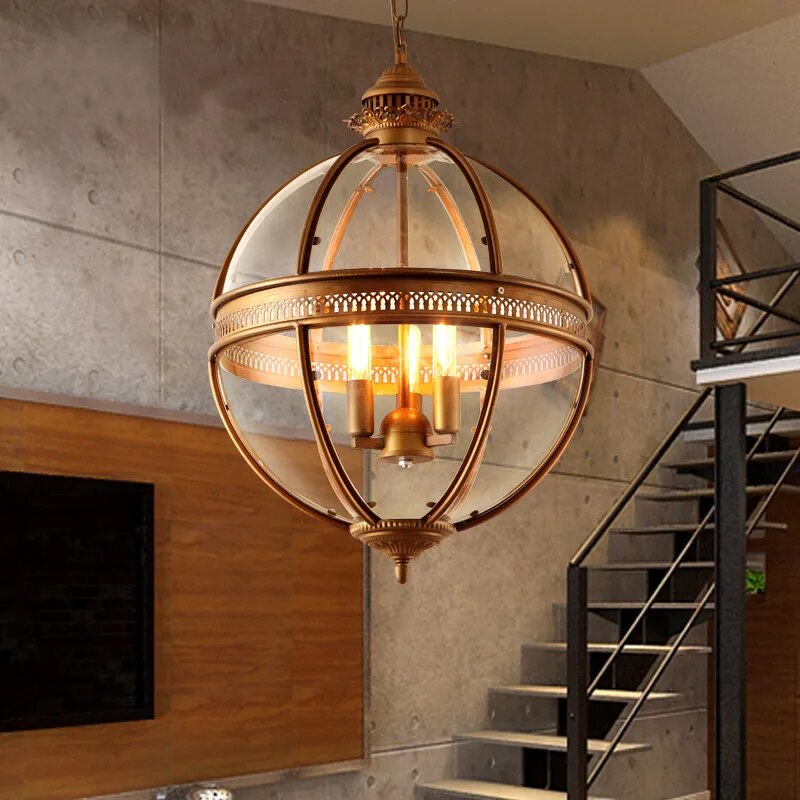 Suspension Vintage Plafonnier Fer Forgé Verre Américain